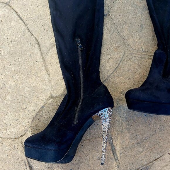Blink Suede Knee-High Studded Stiletto Boots - Women's US 9.5 - Picture 6 of 11